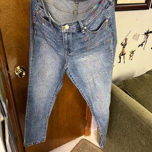 Women's New York & Company Slim Boyfriend Blue Jeans with Paint Design-Size 10